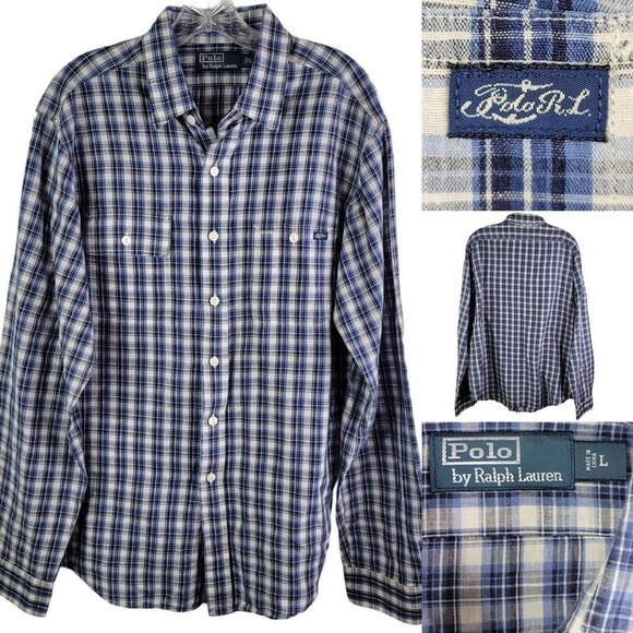 Polo Ralph Lauren Oxford Men's Large Blue Plaid Long Sleeve Button Up - Picture 1 of 8
